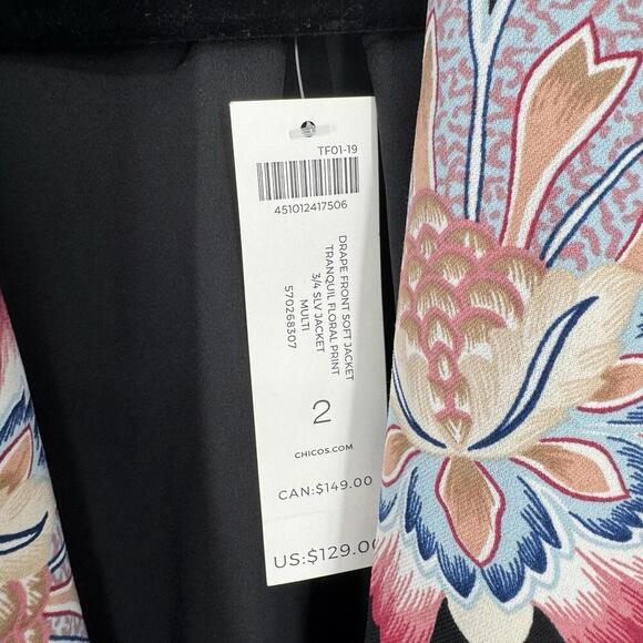 Chico's jacket womens large L drape front soft jacket floral 3/4 sleeve office - Picture 5 of 6
